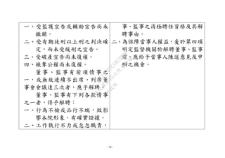 - 18 -
一、受監護宣告或輔助宣告尚未
撤銷。
二、受有期徒刑以上刑之判決確
定，而未受緩刑之宣告。
三、受破產宣告尚未復權。
四、褫奪公權尚未復權。
董事、監事有前項情事 之
一，或無故連續不出席、列席董
事會會議達三次者，應予解聘。
董事、監事有下列各款情事
之一者，得予解聘：
一、行為不檢或品行不端，致影
響本院形象，有確實證據。
二、工作執行不力或怠忽職責，
事、監事之消極聘任資格及其解
聘事由。
二、為保障當事人權益，爰於第四項
明定監督機關於解聘董事、監事
前，應給予當事人陳述意見及申
辯之機會。
行
政
院
行
政
院
第
3625次
院
會
會
議
7EE1D3E7C18C3B26
 