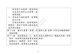 - 20 -
則或第十四條第一項前段特
定交易行為禁止之情事，有
確實證據。
八、其他有不適任董事、監事職
位之行為。
前項各款情形，監督機關於
解聘前，應給予當事人陳述意見
及申辯之機會。
第十七條 兼任之董事、監事，均
為無給職。
兼任之董、監事，不得支給職務報酬。
第十八條 本院置院長一人，應為
專任，由董事長提請董事會通過
後聘任之；解聘時，亦同。院長
依本院規章、董事會之決議及董
院長之選聘方式、職權及年齡、資格
限制。
行
政
院
行
政
院
第
3625次
院
會
會
議
7EE1D3E7C18C3B26
 