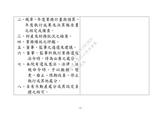 - 22 -
二、規章、年度業務計畫與預算、
年度執行成果及決算報告書
之核定或備查。
三、財產及財務狀況之檢查。
四、業務績效之評鑑。
五、董事、監事之遴選及建議。
六、董事、監事於執行業務違反
法令時，得為必要之處分。
七、本院有違反憲法、法律、法
規命令時，予以撤銷、變
更、廢止、限期改善、停止
執行或其他處分。
八、自有不動產處分或其設定負
擔之核可。
行
政
院
行
政
院
第
3625次
院
會
會
議
7EE1D3E7C18C3B26
 