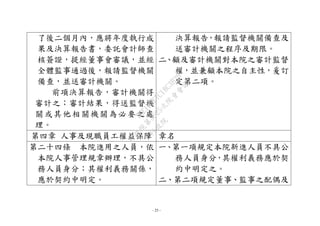 - 25 -
了後二個月內，應將年度執行成
果及決算報告書，委託會計師查
核簽證，提經董事會審議，並經
全體監事通過後，報請監督機關
備查，並送審計機關。
前項決算報告，審計機關得
審計之；審計結果，得送監督機
關或其他相關機關為必要之處
理。
決算報告，報請監督機關備查及
送審計機關之程序及期限。
二、顧及審計機關對本院之審計監督
權，並兼顧本院之自主性，爰訂
定第二項。
第四章 人事及現職員工權益保障 章名
第二十四條 本院進用之人員，依
本院人事管理規章辦理，不具公
務人員身分；其權利義務關係，
應於契約中明定。
一、第一項規定本院新進人員不具公
務人員身分，其權利義務應於契
約中明定之。
二、第二項規定董事、監事之配偶及
行
政
院
行
政
院
第
3625次
院
會
會
議
7EE1D3E7C18C3B26
 