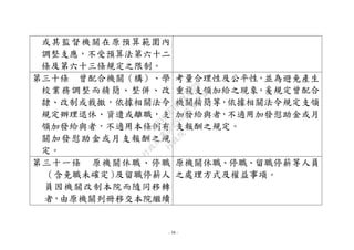 - 34 -
或其監督機關在原預算範圍內
調整支應，不受預算法第六十二
條及第六十三條規定之限制。
第三十條 曾配合機關（構）、學
校業務調整而精簡、整併、改
隸、改制或裁撤，依據相關法令
規定辦理退休、資遣或離職，支
領加發給與者，不適用本條例有
關加發慰助金或月支報酬之規
定。
考量合理性及公平性，並為避免產生
重複支領加給之現象，爰規定曾配合
機關精簡等，依據相關法令規定支領
加發給與者，不適用加發慰助金或月
支報酬之規定。
第三十一條 原機關休職、停職
（含免職未確定）及留職停薪人
員因機關改制本院而隨同移轉
者，由原機關列冊移交本院繼續
原機關休職、停職、留職停薪等人員
之處理方式及權益事項。
行
政
院
行
政
院
第
3625次
院
會
會
議
7EE1D3E7C18C3B26
 