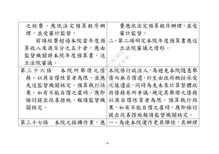 - 39 -
之經費，應依法定預算程序辦
理，並受審計監督。
前項經費超過本院當年度預
算收入來源百分之五十者，應由
監督機關將本院年度預算書，送
立法院審議。
費應依法定預算程序辦理，並受
審計監督。
二、第二項明定本院年度預算書應送
立法院審議之情形。
第 三 十 六 條 本 院 所 舉 借 之 債
務，以具自償性質者為限，並應
先送監督機關核定。預算執行結
果，如有不能自償之虞時，應即
檢討提出改善措施，報請監督機
關核定。
本院係行政法人，為避免本院隨意舉
債而無力償還，衍生由政府概括承受
之後遺症，同時為免未來計算整體政
府債務有所爭議，規定其舉借之債務
以具自償性質者為限。預算執行結
果，如有不能自償之虞時，應即檢討
提出改善措施報請監督機關核定。
第三十七條 本院之採購作業，應 一、為使本院運作更具彈性，其辦理
行
政
院
行
政
院
第
3625次
院
會
會
議
7EE1D3E7C18C3B26
 