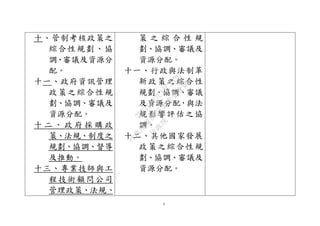 5
十、管制考核政策之
綜合性規劃、協
調、審議及資源分
配。
十一、政府資訊管理
政策之綜合性規
劃、協調、審議及
資源分配。
十 二 、 政 府 採 購 政
策、法規、制度之
規劃、協調、督導
及推動。
十三、專業技師與工
程技術顧問公司
管理政策、法規、
策 之 綜 合 性 規
劃、協調、審議及
資源分配。
十一、行政與法制革
新政策之綜合性
規劃、協調、審議
及資源分配，與法
規影響評估之協
調。
十二、其他國家發展
政策之綜合性規
劃、協調、審議及
資源分配。
行
政
院
行
政
院
第
3625次
院
會
會
議
7EE1D3E7C18C3B26
 