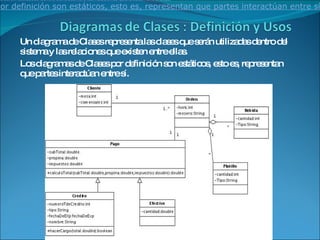 Un diagrama de Clases representa las clases que serán utilizadas dentro del sistema y las relaciones que existen entre ellas. Los diagramas de Clases por definición son estáticos, esto es, representan que partes interactúan entre sí. Diagramas de Clases : Definición y Usos  Un diagrama de Clases representa las clases que serán utilizadas dentro del sistema y las relaciones que existen entre ellas. Los diagramas de Clases por definición son estáticos, esto es, representan que partes interactúan entre sí, no lo que ocurre cuando. Ilustración  
