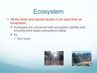 Ecosystem All the biotic and abiotic factors in an area from an ecosystem . Ecologists are concerned with ecosystem stability and knowing what keeps ecosystems stable. Ex Rain forest 