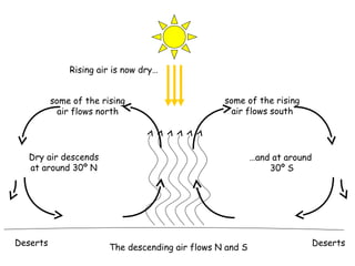 Rising air is now dry…


          some of the rising                      some of the rising
            air flows north                         air flows south




  Dry air descends                                         …and at around
  at around 30º N                                              30º S




Deserts                                                                     Deserts
                        The descending air flows N and S
 