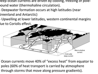 Deep ocean currents are driven by cooling, freezing of pole-
bound water (thermohaline circulation).
- Deepwater formation occurs at high latitudes (near
Greenland and Antarctic)
- Upwelling at lower latitudes, western continental margins
due to Coriolis effect.




 Ocean currents move 40% of “excess heat” from equator to
 poles (60% of heat transport is carried by atmosphere
 through storms that move along pressure gradients).
 