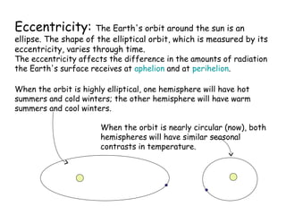 Eccentricity:         The Earth's orbit around the sun is an
ellipse. The shape of the elliptical orbit, which is measured by its
eccentricity, varies through time.
The eccentricity affects the difference in the amounts of radiation
the Earth's surface receives at aphelion and at perihelion.

When the orbit is highly elliptical, one hemisphere will have hot
summers and cold winters; the other hemisphere will have warm
summers and cool winters.

                       When the orbit is nearly circular (now), both
                       hemispheres will have similar seasonal
                       contrasts in temperature.
 