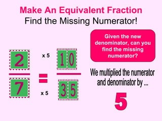 Make An Equivalent Fraction
Find the Missing Numerator!
Given the new
denominator, can you
find the missing
numerator?
x 5
x 5
 