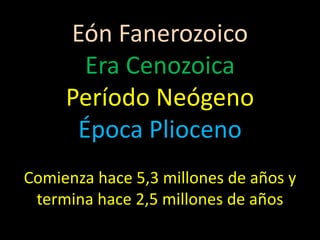Eón Fanerozoico
       Era Cenozoica
     Período Neógeno
      Época Plioceno
Comienza hace 5,3 millones de años y
 termina hace 2,5 millones de años
 