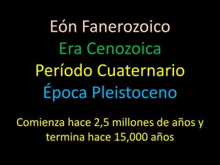 Eón Fanerozoico
      Era Cenozoica
   Período Cuaternario
    Época Pleistoceno
Comienza hace 2,5 millones de años y
     termina hace 15,000 años
 