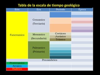 Tabla de la escala de tiempo geológico
    Eón            Era             Período   Época



                Cenozoico
                (Terciario)



                Mesozoico         Cretáceo
Fanerozoico
                                  Jurásico
               (Secundario)       Triásico


                Paleozoico
                (Primario)


                         Precámbrico
Proterozoico
  Arcaico
  Hadeico
 