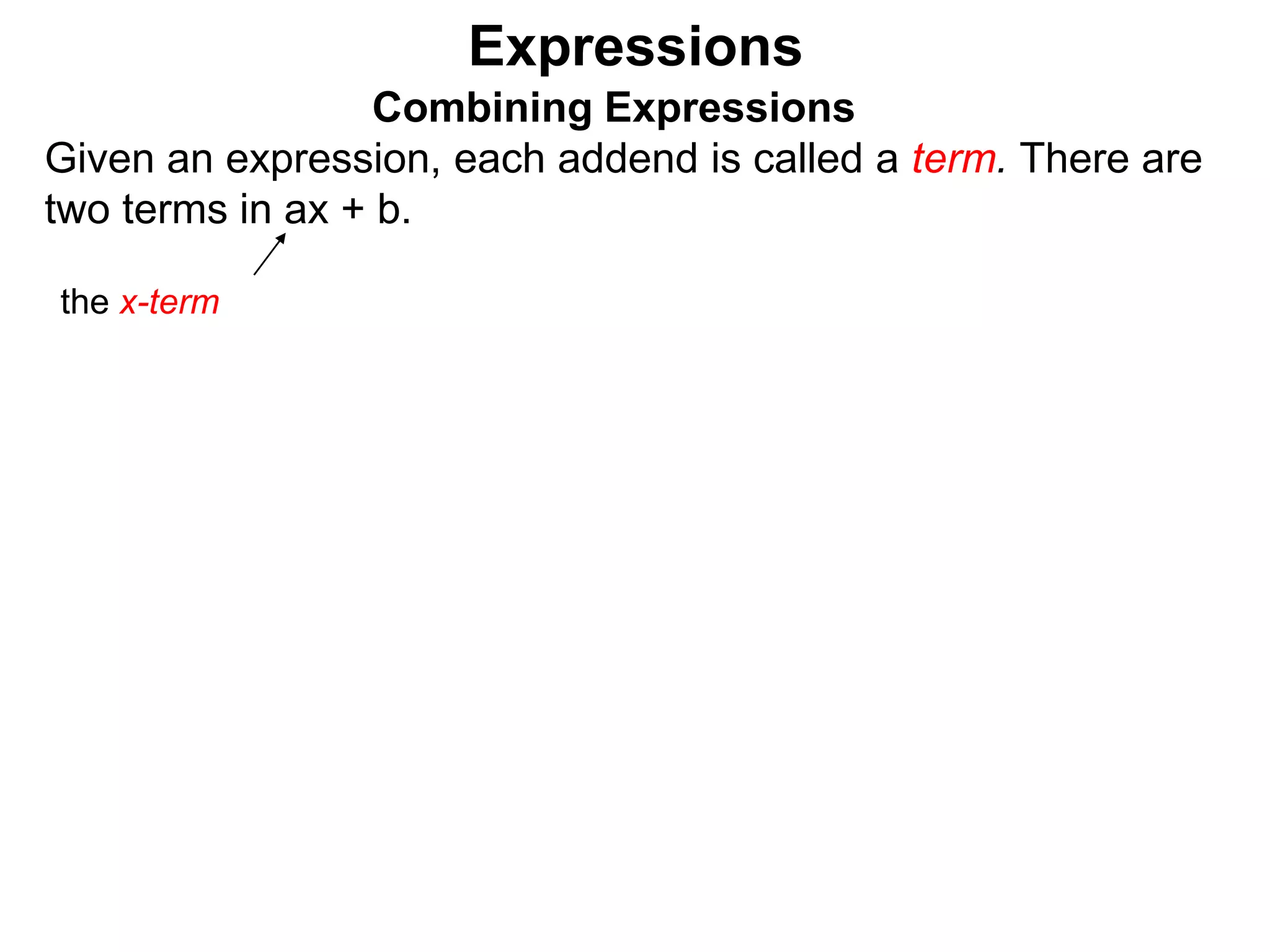 Expressions
Combining Expressions
Given an expression, each addend is called a term. There are
two terms in ax + b.
the x-term
 