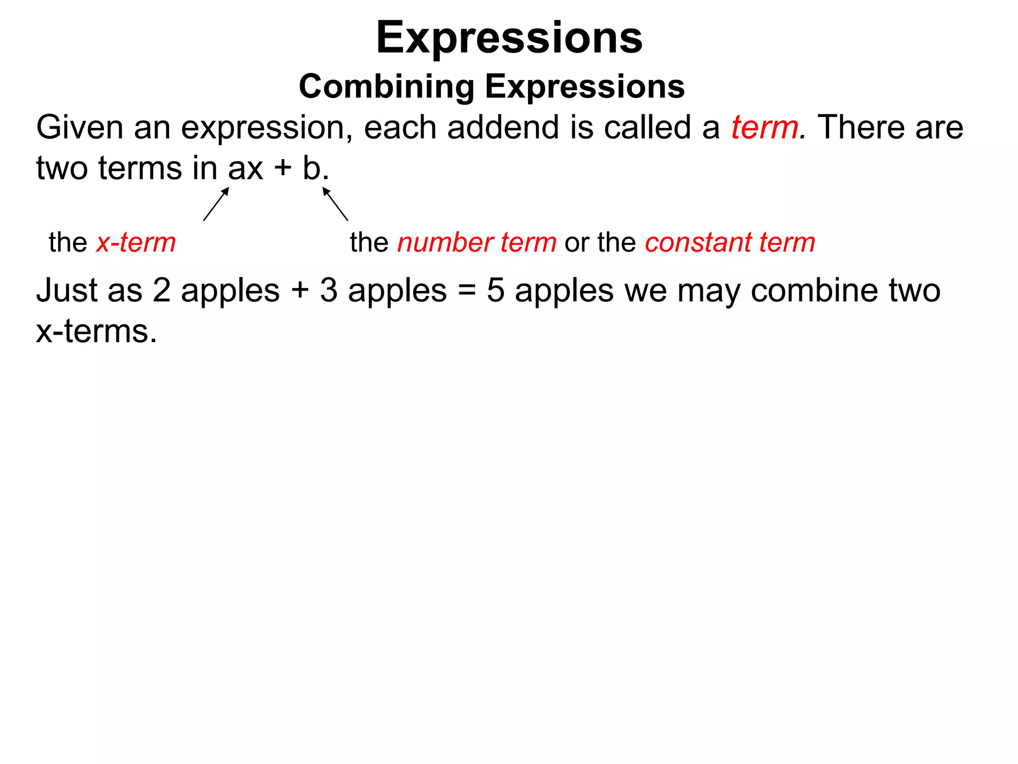 Expressions
Combining Expressions
Given an expression, each addend is called a term. There are
two terms in ax + b.
the x-term the number term or the constant term
Recall that the 3,
is the coefficient of 3x,
meaning x+x+x.
 