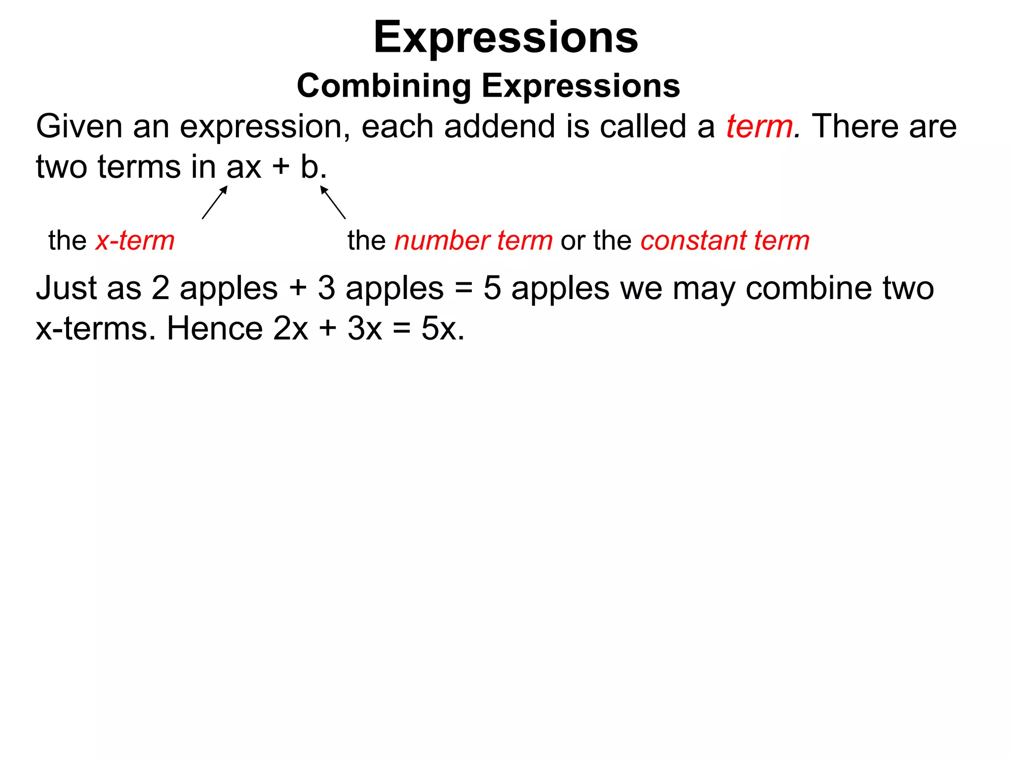 Just as 2 apples + 3 apples = 5 apples we may combine two
x-terms.
Expressions
Combining Expressions
Given an expression, each addend is called a term. There are
two terms in ax + b.
the x-term the number term or the constant term
 