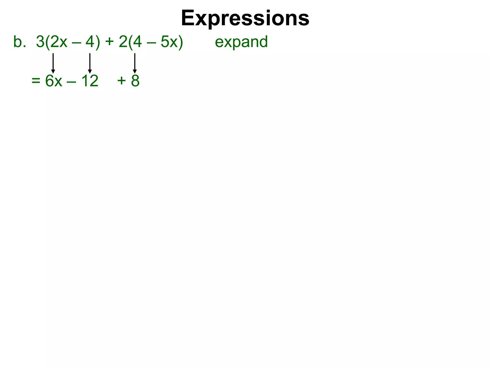 b. 3(2x – 4) + 2(4 – 5x) expand
= 6x – 12 + 8
Expressions
 