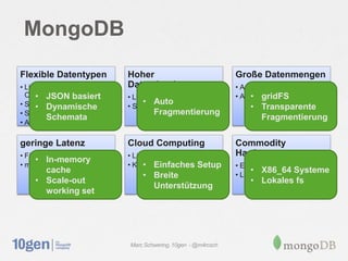 MongoDB
Flexible Datentypen          Hoher                              Große Datenmengen
• Listen, eingebettete       Datendurchsatz                     • Aggregierte Datengröße
      • JSON basiert
  Objekte                    • Lesen                                 • an Datensätzen
                                                                • AnzahlgridFS
• SparseDynamische                • Auto
      • schemas              • Schreiben                            • Transparente
• Semi-strukturierte Daten           Fragmentierung
         Schemata                                                     Fragmentierung
• Agile Development

geringe Latenz               Cloud Computing                    Commodity
• Fürs lesen und schreiben   • Läuft “überall”                  Hardware
     • In-memory
• ms Bereich                      • Einfaches Setup
                             • Keine spezielle Hardware         • Ethernet
      cache                                                          • X86_64 Systeme
                                 • Breite                       • Lokaler Datenspeicher
    • Scale-out                                                     • Lokales fs
                                   Unterstützung
      working set




                             Marc Schwering, 10gen - @m4rcsch
 