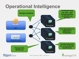Operational Intelligence
                                                          Parallelisierung
                                                           von Lese.- und
          Geringe Leselatenz
                                                          Schreibzugriffen
                                                           via Shards und
                                                              Replikas




    API                                                   Pre-Aggregation &
                                                             Aggregation
                                                             Framework




  Dashboards
                                                          Flexible Schemata
                                                          für verschiedenste
     Transparente                                            Inputformate
      Skalierung


                       Marc Schwering, 10gen - @m4rcsch
 