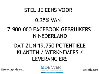 @senoltapirdamaz @nrmjansen
STEL JE EENS VOOR
0,25% VAN
7.900.000 FACEBOOK GEBRUIKERS
IN NEDERLAND
DAT ZIJN 19.750 POTENTIËLE
KLANTEN / WERKNEMERS /
LEVERANCIERS
 