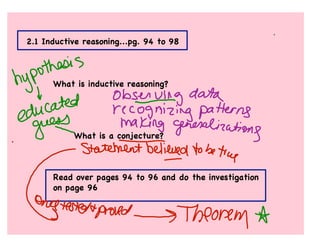 2.1 Inductive reasoning...pg. 94 to 98




      What is inductive reasoning?




           What is a conjecture?



      Read over pages 94 to 96 and do the investigation
      on page 96
 