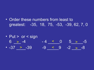 Order these numbers from least to greatest:  -35,  18,  75,  -53,  -39, 62, 7, 0 Put >  or < sign  6  ___ -4  - 4 _____0  5_____-5 -37 ____-39  -9 _____9  -2 ____-8 > > < < > > 