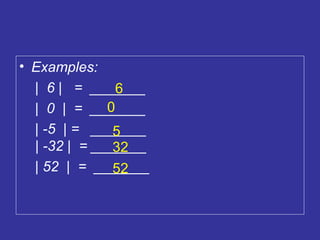 Examples: |  6 |  =  _______ |  0  |  =  _______ | -5  | =  _______  | -32 |  = _______ | 52  |  =  _______ 0 6 5 52 32 
