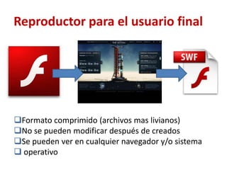 Reproductor para el usuario final
Formato comprimido (archivos mas livianos)
No se pueden modificar después de creados
Se pueden ver en cualquier navegador y/o sistema
operativo
