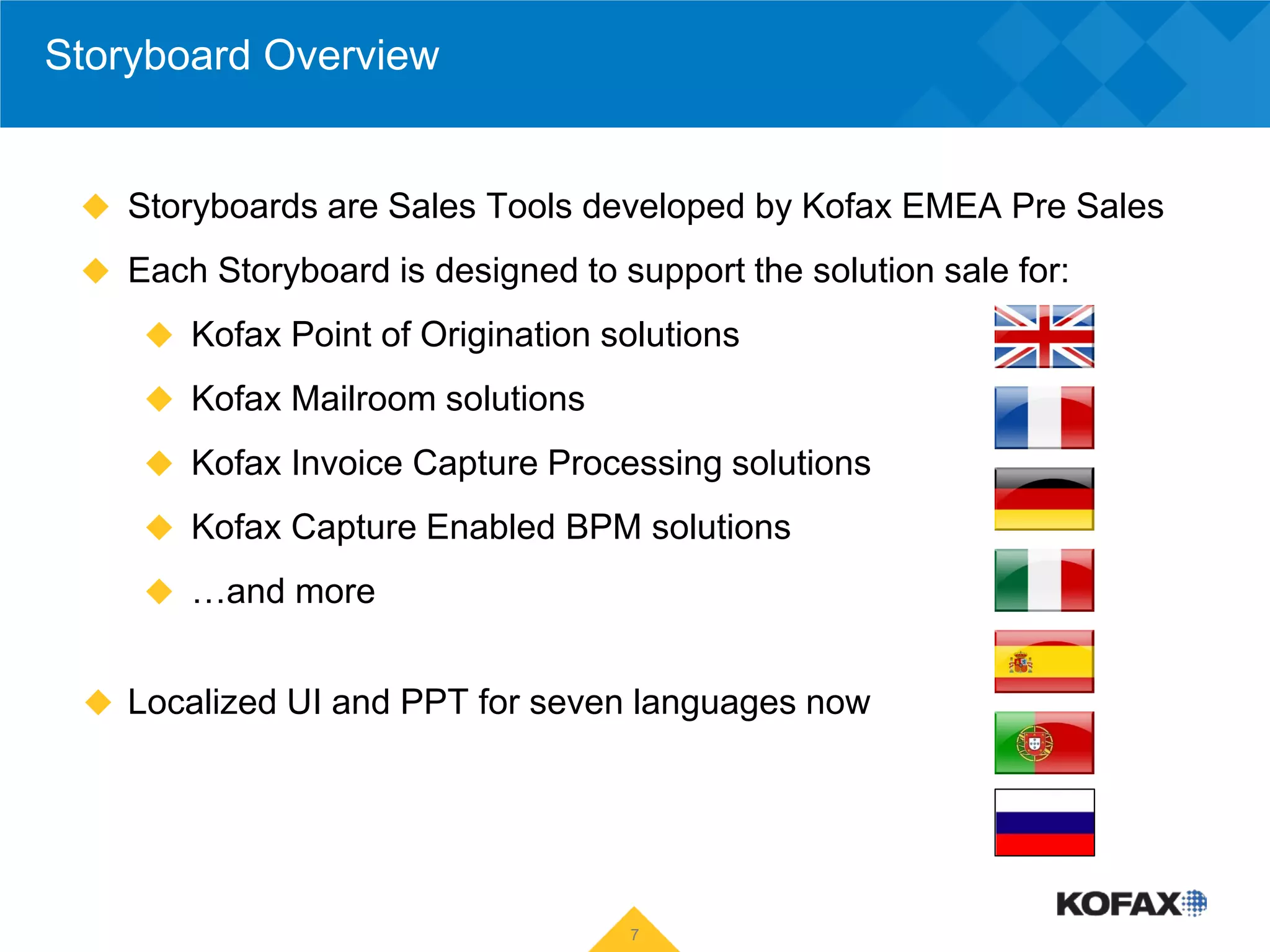 Storyboard Overview


  Storyboards are Sales Tools developed by Kofax EMEA Pre Sales

  Each Storyboard is designed to support the solution sale for:

      Kofax Point of Origination solutions

      Kofax Mailroom solutions

      Kofax Invoice Capture Processing solutions

      Kofax Capture Enabled BPM solutions

      …and more


  Localized UI and PPT for seven languages now




                                    7
 
