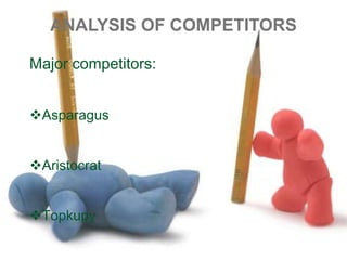 ANALYSIS OF COMPETITORS
Major competitors:
Asparagus
Aristocrat

Topkupy

 