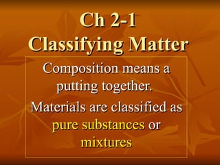 Ch 2-1 Classifying Matter Composition means a putting together.  Materials are classified as  pure substances  or  mixtures 