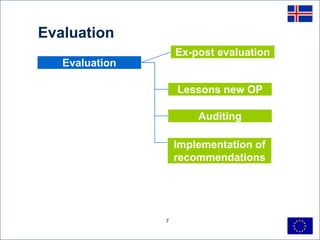 Evaluation
                    Ex-post evaluation
   Evaluation

                    Lessons new OP

                        Auditing

                    Implementation of
                    recommendations




                7
 