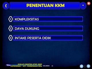 C                  PENENTUAN KKM                  *



    1   KOMPLEKSITAS

    2   DAYA DUKUNG

    3   INTAKE PESERTA DIDIK




           DIKLAT/BIMTEK KTSP 2009
    DEPDIKNAS – DIT. PEMBINAAN SMA HALAMAN   11
 
