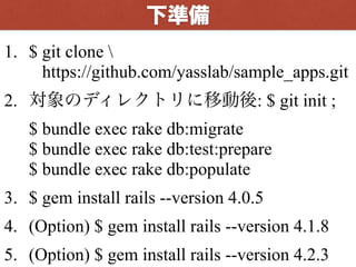 1. $ git clone   
https://github.com/yasslab/sample_apps.git
2. 対象のディレクトリに移動後: $ git init ; 
$ bundle exec rake db:migrate 
$ bundle exec rake db:test:prepare 
$ bundle exec rake db:populate
3. $ gem install rails --version 4.0.5
4. $ rbenv install 2.2.2
5. $ gem install rails --version 4.2.3
下準備
 