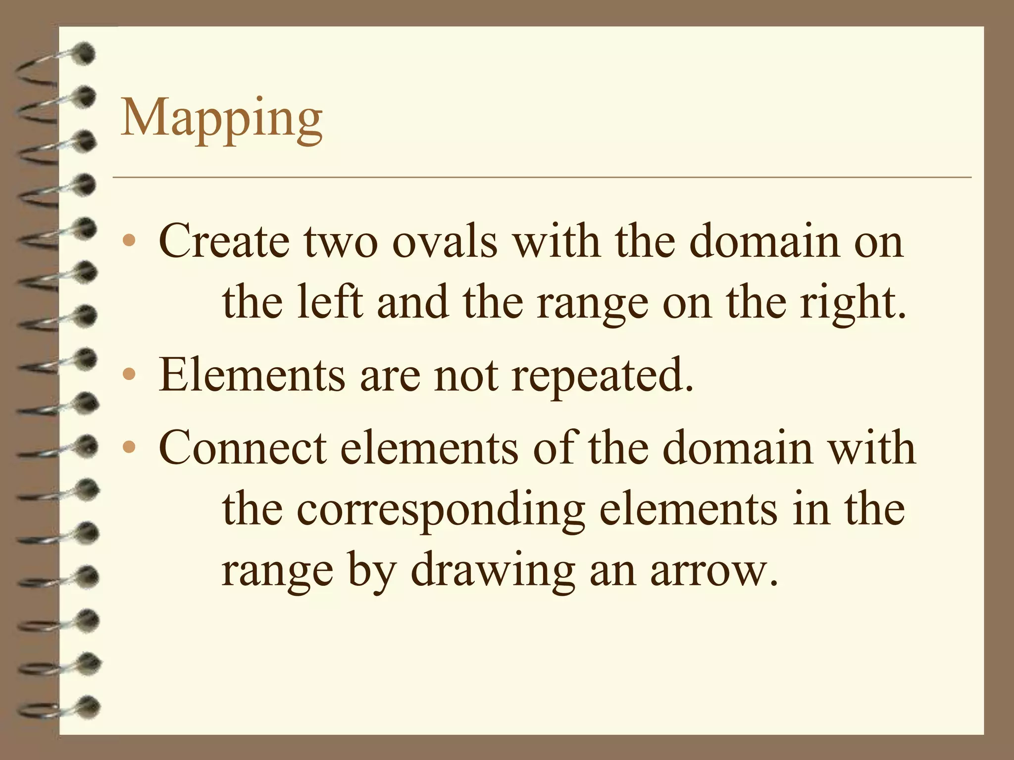 Mapping

• Create two ovals with the domain on
     the left and the range on the right.
• Elements are not repeated.
• Connect elements of the domain with
     the corresponding elements in the
     range by drawing an arrow.
 