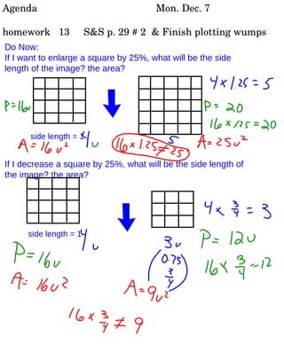 Do Now:  If I want to enlarge a square by 25%, what will be the side length of the image? the area? If I decrease a square by 25%, what will be the side length of the image? the area? side length = 1 side length = 1 Agenda Mon. Dec. 7 homework  13  S&S p. 29 # 2  & Finish plotting wumps 