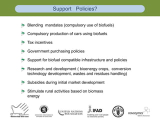 Support Policies?
Blending mandates (compulsory use of biofuels)
Compulsory production of cars using biofuels
Tax incentives
Government purchasing policies
Support for biofuel compatible infrastructure and policies
Research and development ( bioenergy crops, conversion
technology development, wastes and residues handling)
Subsidies during initial market development
Stimulate rural activities based on biomass
energy
 
