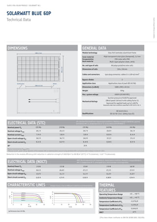 GLASS-FOIL-SOLAR MODULE | SOLARWATT AG |



SOLARWATT BLUE 60P




                                                                                                                                                                                                                                Subject to change without notice .
Technical Data




 DIMENSIONS                                                                                                                     GENERAL DATA
                                                 1680 ± 2 mm                                                                    Module technology                      Glas-foil-laminate; aluminium frame

                                                                                                                                Cover material                  High transparent solar glass (tempered), 3,2 mm
                                                                                                                                Encapsulation                                  EVA-solar cells-EVA
                                                                                                                                Back material                           Multi-layer polymer sheet, white

                                                                                                                                No. and type of cells                         60 polycrystalline solar cells
                                                                                             990 ± 2 mm




                                                                                                                                Dimensions of cells                                   156 x 156 mm

                                                                                                                                Cables and connectors             tyco plug connector, cables 2 x 1,00 m/4 mm²

                                                                                                                                Bypass-diodes                                                3

                     Earthing bore                                                 Ø 9mm                                        Application class                       Application class A (nach IEC 61730)
                                                 1000 ± 0,5 mm
                                                                                                                                Dimensions (LxWxH)                                1680 x 990 x 40 mm

                                                                                                                                Weight                                                     19 kg

                                                                                                                                Max. system voltage                               1000 V (US 600 VDC)
                                                                                                                                                                      Suction pressure of 2400 Pa approved
                                                                                                                                                                   (Wind speed 130 km/h with safety factor 3)
                                                                                                                                Mechanical Ratings
                                                                                                                                                                    Approved for applied loads up to 5,400 Pa
                                                                                                                                                                Assessed under test conditions specified in IEC 61215, Ed. 2.


                                                                                                                                                                                  IEC 61215 Ed.2,
                                                                                                                                Qualifications                            IEC 61730 (incl. Safety class II)




 ELECTRICAL DATA (STC)                                                                                               STC: Standard Test Conditions: measurement conditions: Radiation strength 1000 W/m2, spectral
                                                                                                                     distribution AM 1.5, temperature 25 ± 2 °C, in accordance with EN 60904-3

 Nominal power PN                                 225 Wp                                   230 Wp                                235 Wp                             240 Wp                                245 Wp

 Nominal voltage Umpp                              29,1 V                                  29,4 V                                 29,7 V                             29,9 V                                30,1 V

 Nominal current Impp                              7,74 A                                  7,83 A                                 7,92 A                             8,03 A                                8,14 A

 Open circuit voltage UOC                          36,5 V                                  36,7 V                                36,9 V                              37,2 V                                37,4 V

 Short circuit current I SC                        8,14 A                                  8,27 A                                8,40 A                              8,50 A                                8,57 A

 IR*                                                                                                                               20 A
 Measuring tolerances P max ±5 %;
 *Reverse current power rating: Operation of the modules with an external power source is only permitted with a string fuse with a release current of < 20 A.

Reduction in the module efficiency with reduction in radiation strength of 1000 W/m2 to 200 W/m2 (25°C): 4±2 % (relative) / -0,6 ± 0,3 % (absolute).



 ELECTRICAL DATA (NOCT)                                                                                                  NOCT: Normal Operation Cell Temperature, measurement conditions: Radiation strength 800 W/m2,
                                                                                                                         AM 1.5, temperature 20 °C, wind speed 1m/s, electrical open-circuit operation

 Nominal Power PN                                  170 W                                   173 W                                 176 W                               179 W                                183 W
 Nominal voltage Umpp                              26,5 V                                  26,8 V                                27,1 V                             27,3 V                                27,5 V
 Open circuit voltage UOC                          33,9 V                                  34,1 V                                34,3 V                             34,6 V                                34,8 V
 Short circuit current I SC                       6,62 A                                   6,74 A                                6,82 A                             6,88 A                                6,94 A



 CHARACTERISTIC LINES                                                   Voltage charact. lines at different irradiations and temperatures                THERMAL
            10              1000 W/m2
                                                                               10
                                                                                                                                                         FEATURES
            8               800 W/m2                                           8                                                                         Operating Temperature Range                      -40 … +80 °C
   Is [A]




            6               600 W/m2                                           6
                                                                      Is [A]




                            400 W/m2                                                                                                                     Ambiente Temperature Range                       -40 … +45 °C
            4                                                                  4
                            200 W/m2
            2                                                                  2
                                                                                                                    70°C 50°C 25°C 0°C                   Temperature Coefficient of PN                      -0,37%/K
            0                                                                  0
                 0         10           20        30             40                 0       10            20        30           40        50
                                                                                                                                                         Temperature Coefficient of UOC                     -0,35%/K
                                        Us [V]                                                             Us [V]
                                                                                                                                                         Temperature Coefficient of I SC                     0,04%/K
  performance class 245 Wp
                                                                                                                                                         NOCT                                                  45°C


                                                                                                                                                         [This data sheet conforms to DIN EN 50380:2003; 2012/04]
 