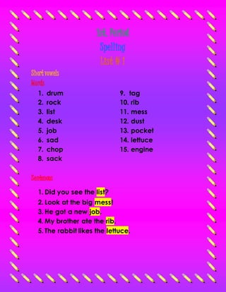 1st. Period
Spelling
List # 1
Short vowels
Words
1. drum
2. rock
3. list
4. desk
5. job
6. sad
7. chop
8. sack
9. tag
10. rib
11. mess
12. dust
13. pocket
14. lettuce
15. engine
Sentences
1. Did you see the list?
2. Look at the big mess!
3. He got a new job.
4. My brother ate the rib.
5. The rabbit likes the lettuce.
 