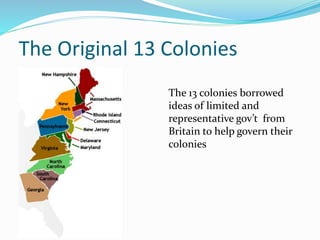 The Original 13 Colonies
The 13 colonies borrowed
ideas of limited and
representative gov’t from
Britain to help govern their
colonies
 