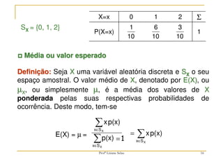 16
Definição: Seja X uma variável aleatória discreta e SX o seu
espaço amostral. O valor médio de X, denotado por E(X), ou
µX, ou simplesmente µ, é a média dos valores de X
ponderada pelas suas respectivas probabilidades de
ocorrência. Deste modo, tem-se
SX = {0, 1, 2}
∑
∑
∈
∈
X
X
S
x
S
x
p(x)
p(x)
x
∑
∈
=
X
S
x
p(x)
x
1
=
E(X) = µ =



 Média ou valor esperado
X=x 0 1 2 Σ
P(X=x)
10
1
10
6
10
3
1
Profª Lisiane Selau
 