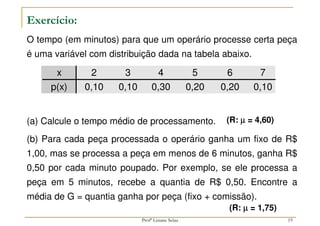 19
Exercício:
O tempo (em minutos) para que um operário processe certa peça
é uma variável com distribuição dada na tabela abaixo.
(a) Calcule o tempo médio de processamento.
(b) Para cada peça processada o operário ganha um fixo de R$
1,00, mas se processa a peça em menos de 6 minutos, ganha R$
0,50 por cada minuto poupado. Por exemplo, se ele processa a
peça em 5 minutos, recebe a quantia de R$ 0,50. Encontre a
média de G = quantia ganha por peça (fixo + comissão).
x 2 3 4 5 6 7
p(x) 0,10 0,10 0,30 0,20 0,20 0,10
(R: µ
µ
µ
µ = 4,60)
(R: µ
µ
µ
µ = 1,75)
Profª Lisiane Selau
 
