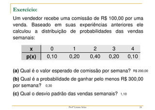 24
Exercício:
Um vendedor recebe uma comissão de R$ 100,00 por uma
venda. Baseado em suas experiências anteriores ele
calculou a distribuição de probabilidades das vendas
semanais:
(a) Qual é o valor esperado de comissão por semana?
(b) Qual é a probabilidade de ganhar pelo menos R$ 300,00
por semana?
(c) Qual o desvio padrão das vendas semanais?
x 0 1 2 3 4
p(x) 0,10 0,20 0,40 0,20 0,10
R$ 200,00
0,30
1,10
Profª Lisiane Selau
 