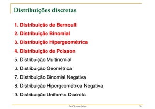 1. Distribuição de Bernoulli
2. Distribuição Binomial
3. Distribuição Hipergeométrica
4. Distribuição de Poisson
5. Distribuição Multinomial
6. Distribuição Geométrica
7. Distribuição Binomial Negativa
8. Distribuição Hipergeométrica Negativa
9. Distribuição Uniforme Discreta
Distribuições discretas
26
Profª Lisiane Selau
 