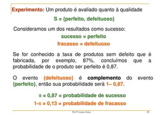 Experimento: Um produto é avaliado quanto à qualidade
S = {perfeito, defeituoso}
Consideramos um dos resultados como sucesso:
sucesso = perfeito
fracasso = defeituoso
28
Se for conhecido a taxa de produtos sem defeito que é
fabricada, por exemplo, 87%, concluímos que a
probabilidade de o produto ser perfeito é 0,87.
O evento {defeituoso} é complemento do evento
{perfeito}, então sua probabilidade será 1– 0,87.
π
π
π
π = 0,87 = probabilidade de sucesso
1-π
π
π
π = 0,13 = probabilidade de fracasso
Profª Lisiane Selau
 