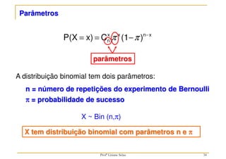 34
Parâmetros
A distribuição binomial tem dois parâmetros:
n = número de repetições do experimento de Bernoulli
π
π
π
π = probabilidade de sucesso
X ~ Bin (n,π)
X tem distribuição binomial com parâmetros n e π
π
π
π
x
n
x
x
n )
(1
C
x)
P(X −
−
=
= π
π
parâmetros
Profª Lisiane Selau
 