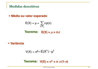 35
Medidas descritivas
E(X) = µ = ∑
∈ X
S
x
p(x)
x



 Média ou valor esperado
Teorema: E(X) = µ
µ
µ
µ = nπ
π
π
π
V(X) = σ2 2
2
μ
)
E(X −
=



 Variância
Teorema: V(X) = σ
σ
σ
σ2 = n π
π
π
π (1-π
π
π
π)
Profª Lisiane Selau
 