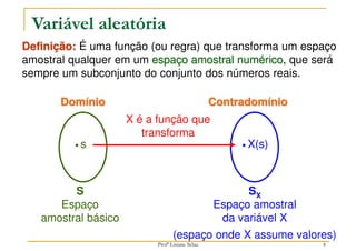 4
S
Espaço
amostral básico
SX
Espaço amostral
da variável X
• s • X(s)
X é a função que
transforma
Domínio Contradomínio
(espaço onde X assume valores)
Definição: É uma função (ou regra) que transforma um espaço
amostral qualquer em um espaço amostral numérico, que será
sempre um subconjunto do conjunto dos números reais.
Variável aleatória
Profª Lisiane Selau
 