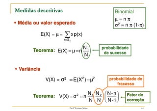 Medidas descritivas
E(X) = µ = ∑
∈ X
S
x
p(x)
x
Teorema:
N
N
n
μ
E(X) 1
=
=
V(X) = σ2 2
2
μ
)
E(X −
=
Teorema:
probabilidade
de sucesso



 Média ou valor esperado



 Variância
probabilidade de
fracasso
Fator de
correção






=
=
1
-
N
n
-
N
N
N
N
N
n
σ
V(X) 2
1
2
44
Binomial
µ = n π
σ2 = n π (1-π)
Profª Lisiane Selau
 