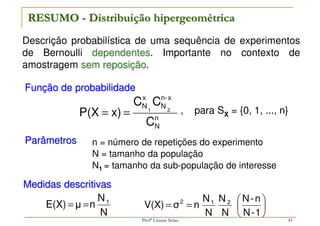 Descrição probabilística de uma sequência de experimentos
de Bernoulli dependentes. Importante no contexto de
amostragem sem reposição.
RESUMO - Distribuição hipergeométrica
Função de probabilidade
, para SX = {0, 1, ..., n}
n = número de repetições do experimento
N = tamanho da população
N1 = tamanho da sub-população de interesse
Parâmetros
Medidas descritivas
n
N
x
-
n
N
x
N
C
C
C
x)
P(X 2
1
=
=
N
N
n
μ
E(X) 1
=
= 





=
=
1
-
N
n
-
N
N
N
N
N
n
σ
V(X) 2
1
2
45
Profª Lisiane Selau
 