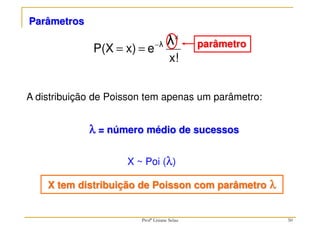 x!
e
x)
P(X
x
λ
λ
−
=
=
Parâmetros
A distribuição de Poisson tem apenas um parâmetro:
λ
λ
λ
λ = número médio de sucessos
X ~ Poi (λ)
X tem distribuição de Poisson com parâmetro λ
λ
λ
λ
parâmetro
50
Profª Lisiane Selau
 